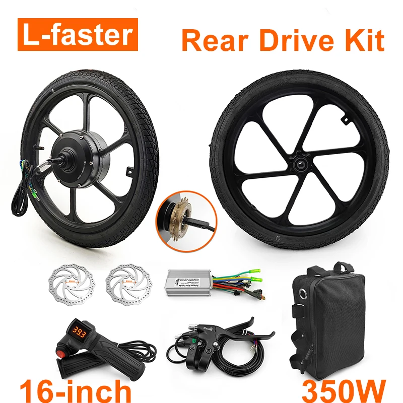 DIY 350 W 16 Zoll Elektrofahrrad Hinterradantrieb Bürstenloser Getriebenabenmotor Drosselklappenregler-Kit mit normalem Rad Scheibenbremse Image