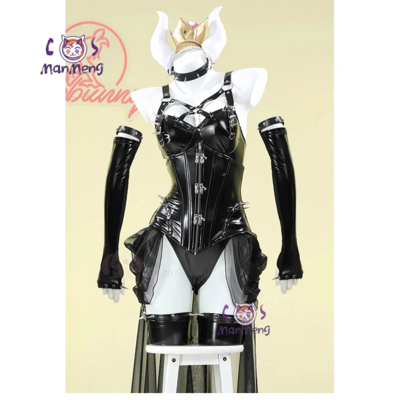 Anime Marios Bowsette Cosplay Kostüm Erwachsene Frau sexy schwarz Leder Overall Stirnband Halskette Set Halloween Party Uniform Image