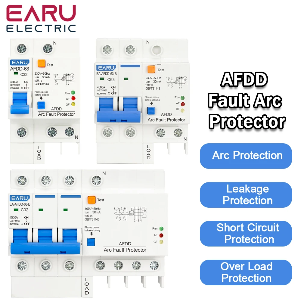 AFDD 1P+N 2P 3P+N AC 230V Fehler Arc Protector Leistungsschalter Hauptschalter RCBO MCB Kurzschluss Überlast Leckage Schutz Image