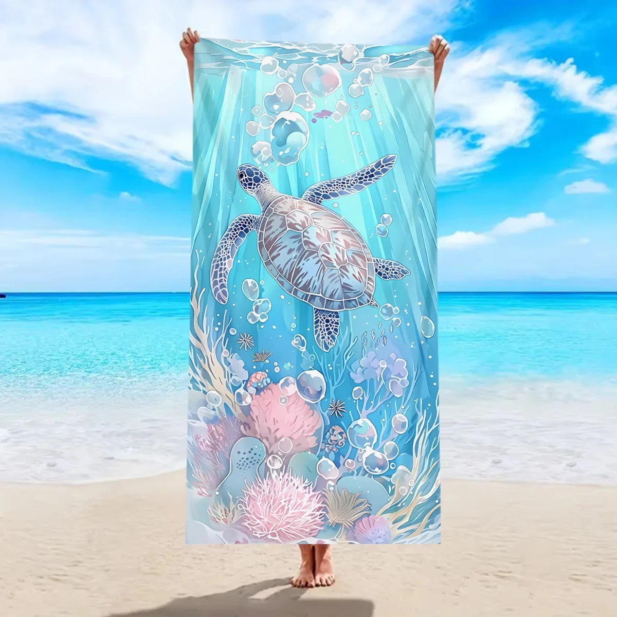 1 Stück verträumtes Meeresschildkröten-Polyester-Schnelltrocknendes Strandtuch, 2D-gedruckt, ganzjährig, leicht, weich, Unisex zum Schwimmen/Surfen/Kamera Image