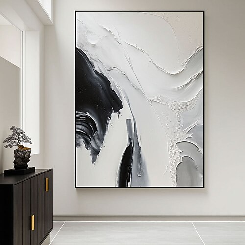 handgefertigte abstrakte Kunst in Schwarz-Weiß, strukturierte Wandkunst in Schwarz-Weiß, Gemälde in Schwarz-Weiß, 3D-Wandkunst in Schwarz-Weiß Image