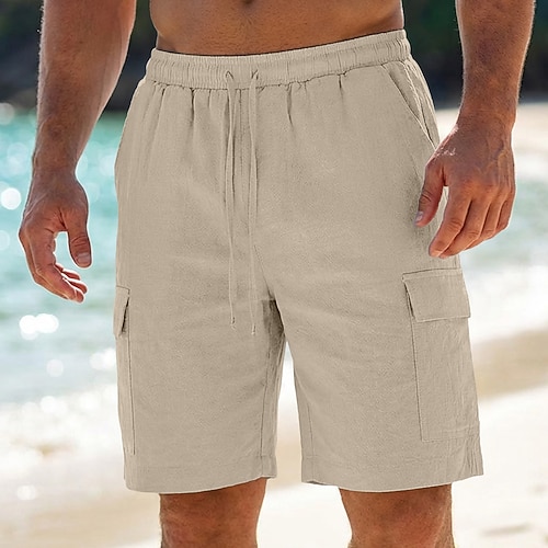 Herren Cargo-Shorts Shorts Leinenshorts Sommershorts Strandshorts Kordelzug Elastischer Bund Mehrere Taschen Einfach Einheitliche Farbe Kurz Outdoor Strand Urlaub Hawaiianisch Schwarz Weiß Unelastisch Image