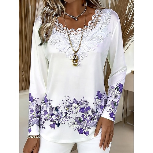 Damen T Shirt Spitze Druck Blumen Grafik Pflanzen Elegant Stilvoll Klassisch Langarm V Ausschnitt Normale Oberteile Täglich Ausgehen Blau Purpur Fuchsie Grün Sommer Frühling Image