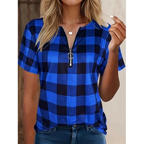 Damen T Shirt Viertel Postleitzahl Grafik Karomuster Tropisch Hawaiianisch Stilvoll Kurzarm Rundhalsausschnitt Normale Oberteile Täglich Sport Ausgehen Blau Rote Purpur Grün Sommer Frühling Image