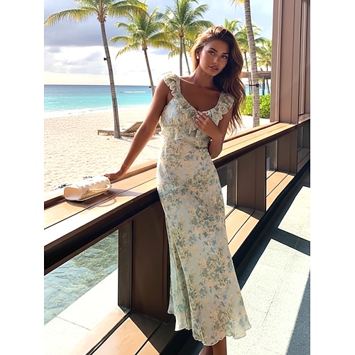 Damen Maxikleid Unterkleid Lässig Outdoor Ausgehen Normale Passform Blumen Ärmellos V Ausschnitt Grün Sommer Frühling Image