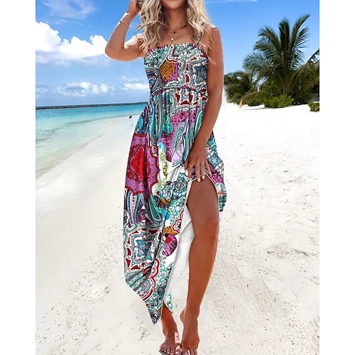 Damen kleid lang Schaukelkleid skims dress Urlaub Brautkleider schlicht Ärmellos Casual Regular Fit Geometrisch Ärmellos Spaghetti-Träger Rosa Blau Orange Grün Sommer Image