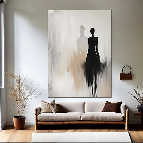 Handgefertigtes, elegantes abstraktes Leinwandgemälde in Schwarz und Beige mit minimalistischen Silhouetten – perfekte zeitgenössische Kunst für moderne Wohnräume. Image