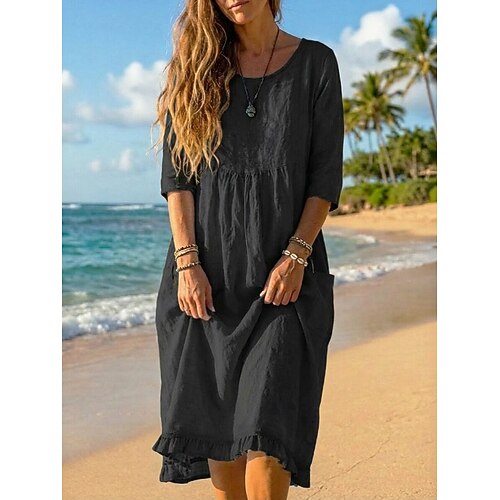 Damen Midikleid Kleider in Leinenoptik Shiftkleid Sommerkleid Strandkleid Urlaub Basic Ferien Wochenende Lässiger Schnitt Einfach Dreiviertelarm Rundhalsausschnitt Blau Schwarz Grün Aprikose Sommer Image