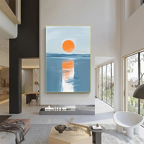 Minimalistisches Sonnenuntergangsgemälde auf Leinwand, abstrakte Meereswandkunst, moderne Stranddekoration, zeitgenössisches Meeresposter, stilvolles Landschaftsbild, einzigartiges Geschenk Image