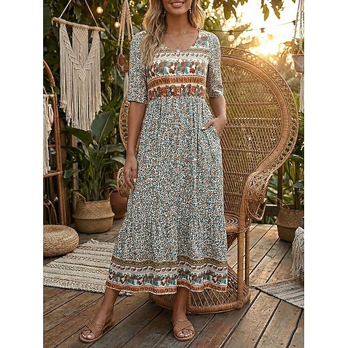 Damen Maxikleid Freizeitkleid Schwingkleid A Linie Kleid Boho-Kleid Lässig Täglich Herbstkleid Normale Passform Blumen Kurzarm V Ausschnitt Schwarz Rote Marineblau Königliches Blau Frühling Herbst Image