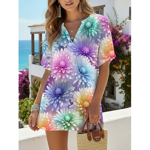 Damen Hemd Freizeithemd Strandhemd Bluse Druck Blumen Grafik Bohemien Stilvoll Lässig Kurzarm V Ausschnitt Normale Oberteile Täglich Ferien Ausgehen Blau Weiß Gelb Orange Grün Sommer Frühling Image