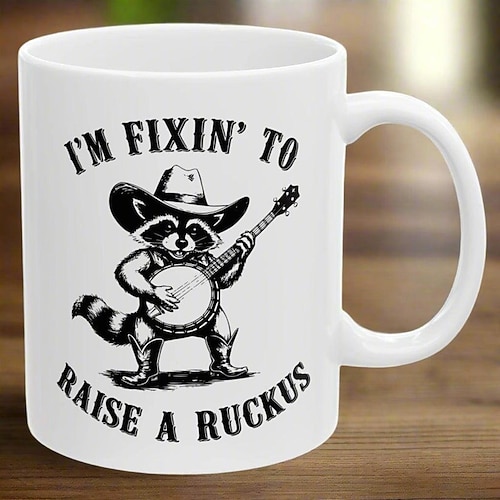Witzige Geschenktasse: „Ich werde gleich für Aufruhr sorgen!" Lustiger Western-Waschbär-Tasse – sarkastische und einzigartige Kaffeetasse für Western- und Tierliebhaber Image