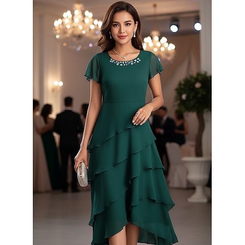 Damen Midikleid Chiffonkleid Cocktailkleid Kleid für Hochzeitsgäste Einfarbiges Kleid Elegant Formell Hochzeitsgast Cocktailparty Normale Passform Kurzarm Rundhalsausschnitt Wein Kamel Grün Leicht Image