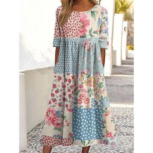 Damen Maxikleid Freizeitkleid Blumenkleid Elegant Strand Lässiger Schnitt Blumen Halbarm Rundhalsausschnitt Himmelblau Tintenblau Violett Sommer Frühling Image