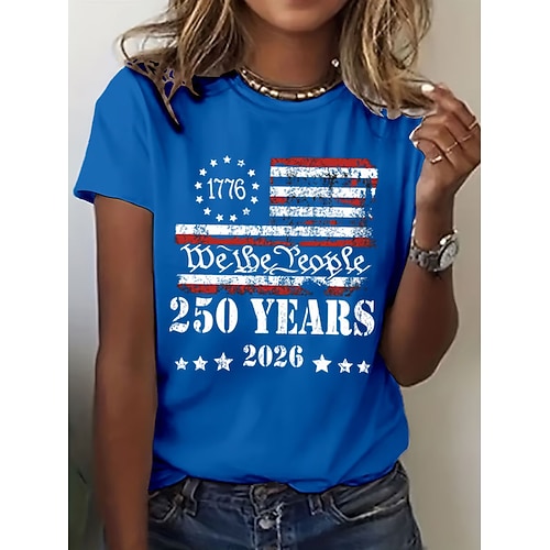 Unabhängigkeitstag Amerikanisches 250. Jubiläum Patriotic Damen T-Shirt Druck Grafik Flagge Buchstabe Stilvoll Klassisch Lässig Kurzarm Crew Neck Reguläre Tops Täglich Blau Schwarz Weiß Rot Sommer Image