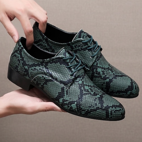 Grüne und schwarze Herren-Oxfords aus Kunstleder mit Schlangenprägung, Schnürschuhe für Nachtclubs, Partys und Modeveranstaltungen Image
