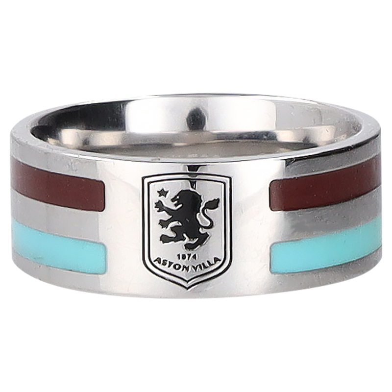 "Aston Villa Edelstahlring mit farbigem Streifenwappen in Geschenkbox" Image