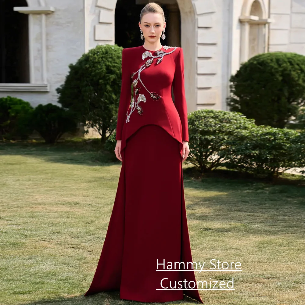 Modest Arab Evening Dress Customized Round Neck Long Sleeves Sparkling Beading Sequined Dancing Party Gown Prom Dresses