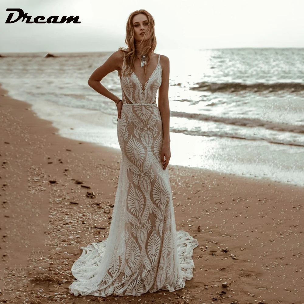 DREAM Abiti da sposa a sirena da spiaggia con scollo a V in pizzo sexy personalizzati 2025 Abiti da sposa senza spalline Abiti da sposa senza schienale