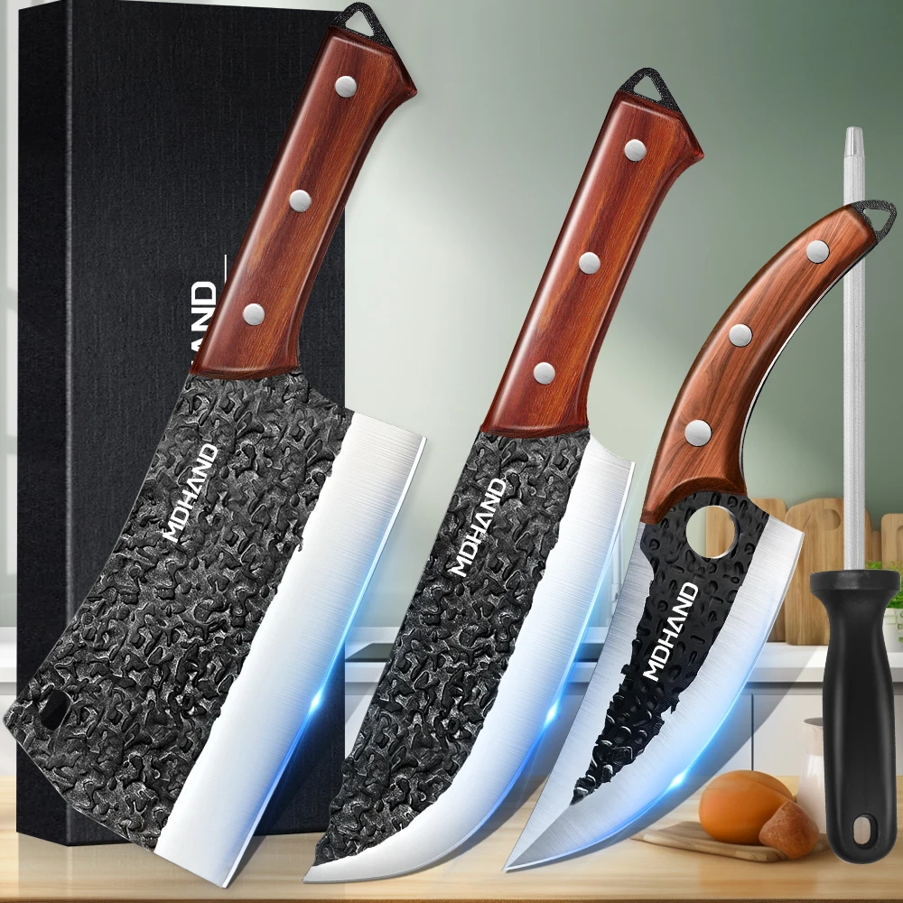 MDHAND 3-teiliges Metzger-Haltermesser-Set, serbisches Kochmesser, Wikinger-Ausbeinen mit Scheiben zum Schneiden von Fleisch und Gemüse, Weihnachtsgeschenk Image