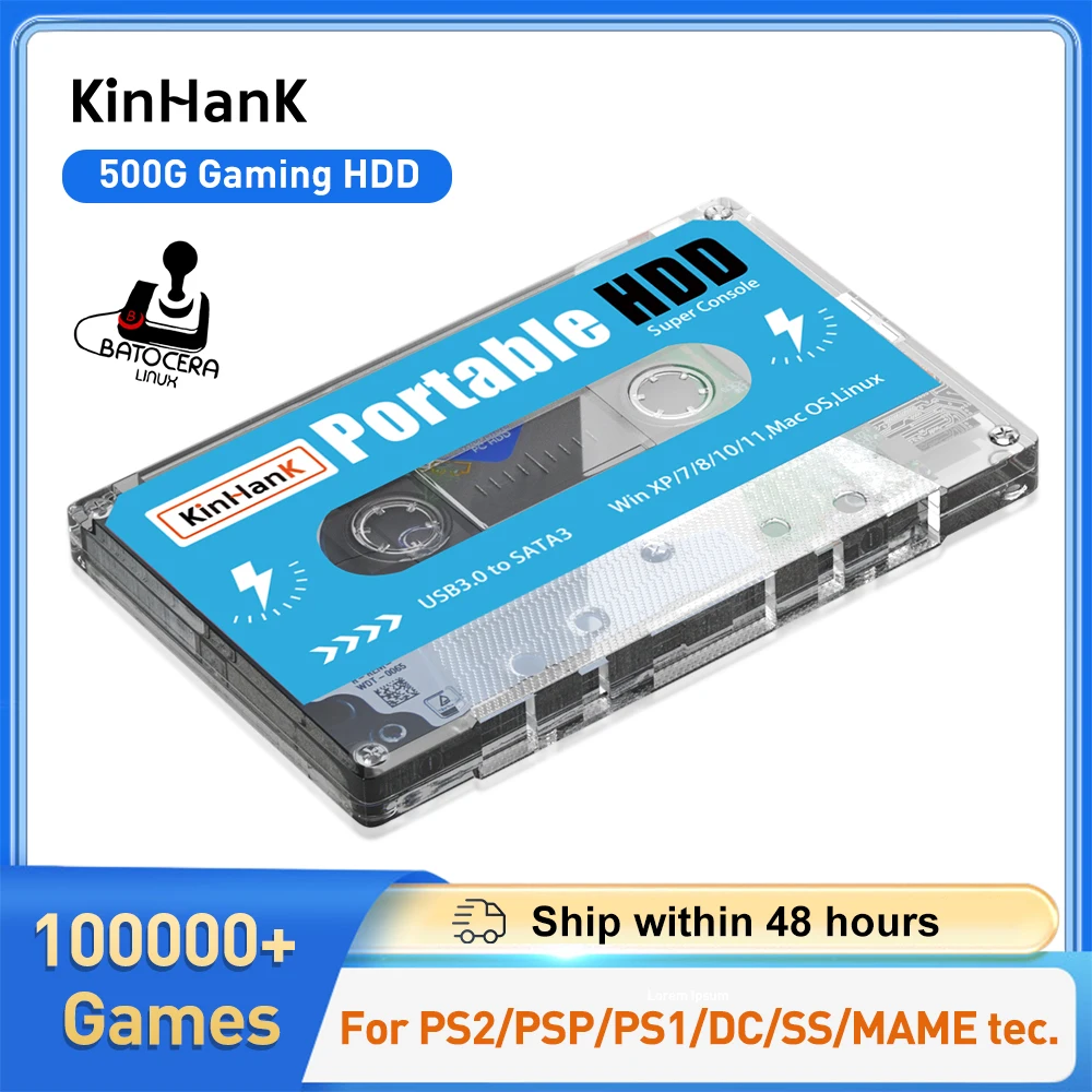 KINHANK 500G Gaming HDD Super Console 100.000 Videospiele 70 Emulatoren für DC/MAME/SS/NAOMI/PS2/PS1 Plug and Play Batocera OS Image