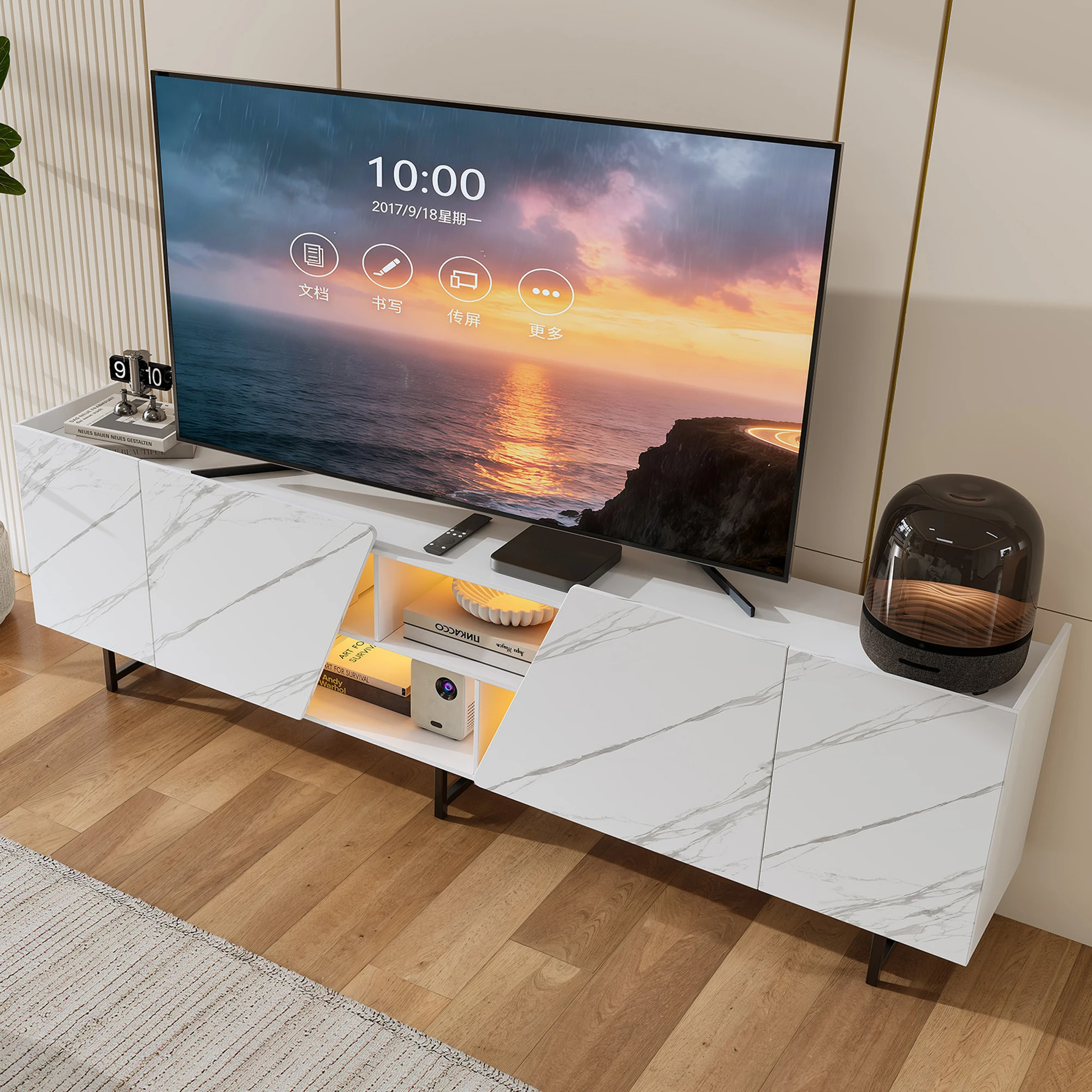 Meuble TV Anajqaqia 220×34.5×67.7cm avec lumière LED RVB, texture imitation marbre, meuble TV, meuble TV pour salon
