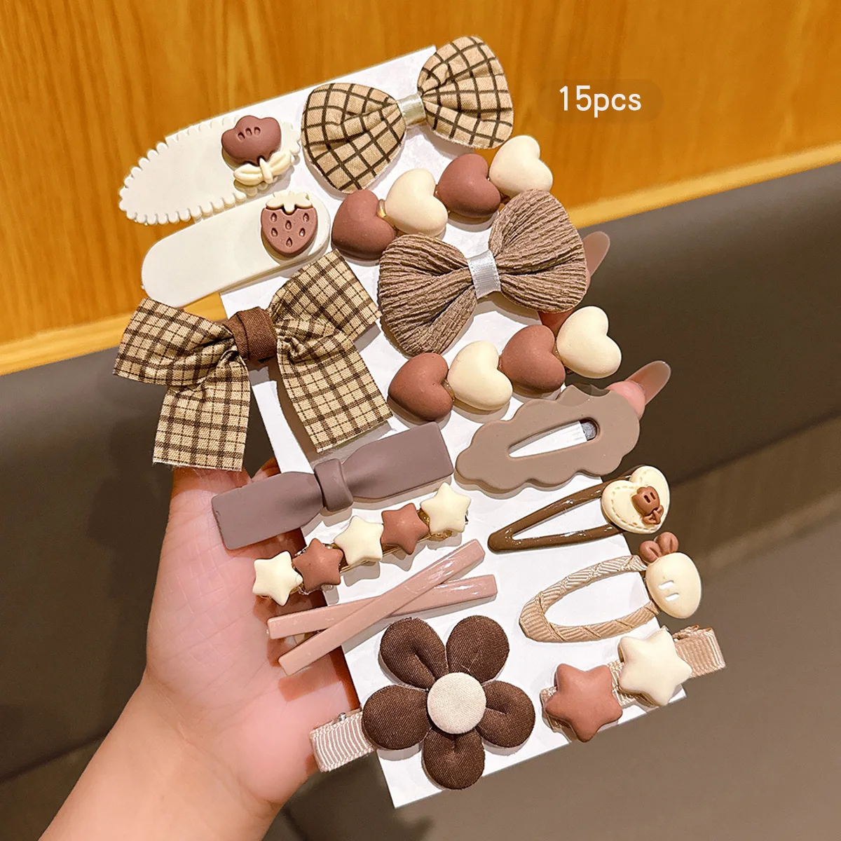 15 süße und vielseitige Cartoon-Haarspangen mit kaffeefarbener Schleife, geeignet für den täglichen Haarschmuck Image