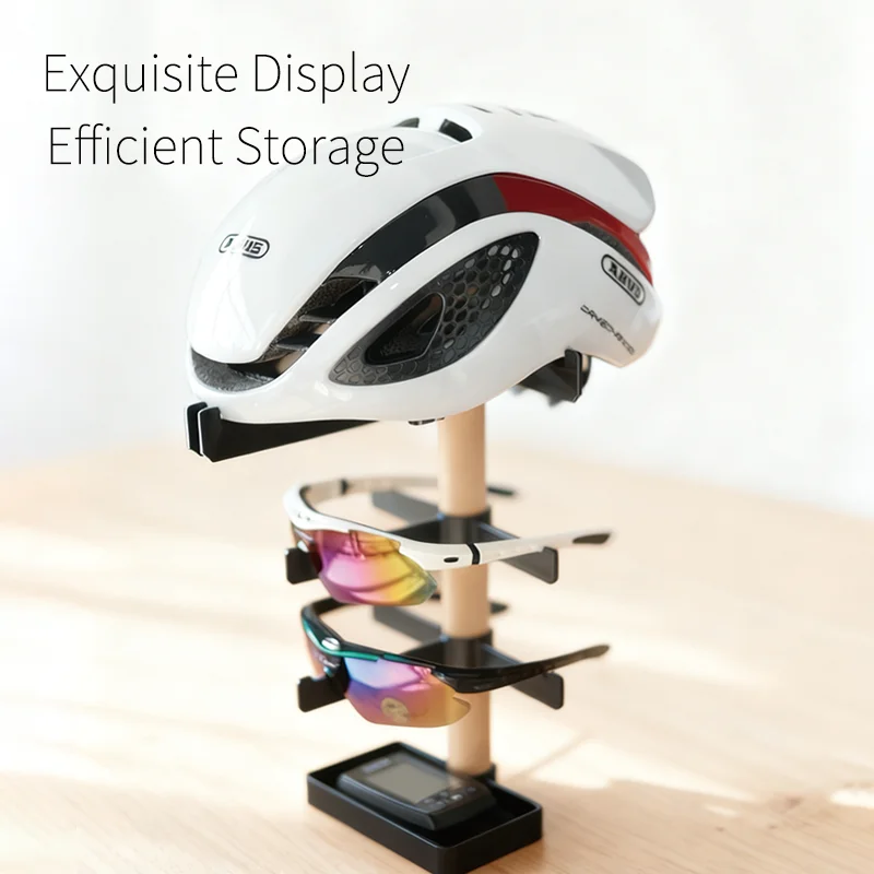 Fahrradausrüstung Buchenholzständer Fahrradhelmhalter Brille & Cyclocomputer Desktop Organizer Ausrüstung Display Image