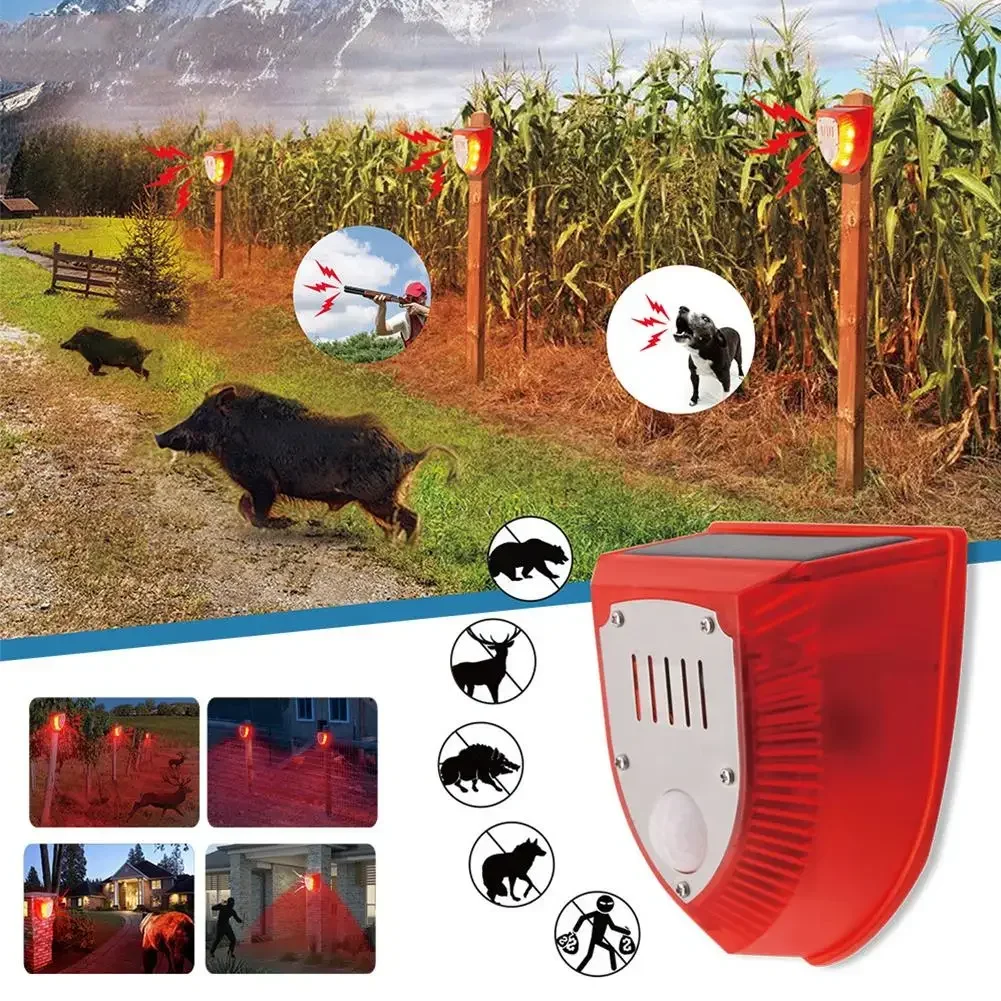 Solar-Sicherheitssirene für den Außenbereich, 3 Modi, Bewegungsmelder, Alarm, Tiervertreiber, Treiber für Villa, Bauernhof, Hof, Garten, Hund, Wildschwein-Fahrer Image