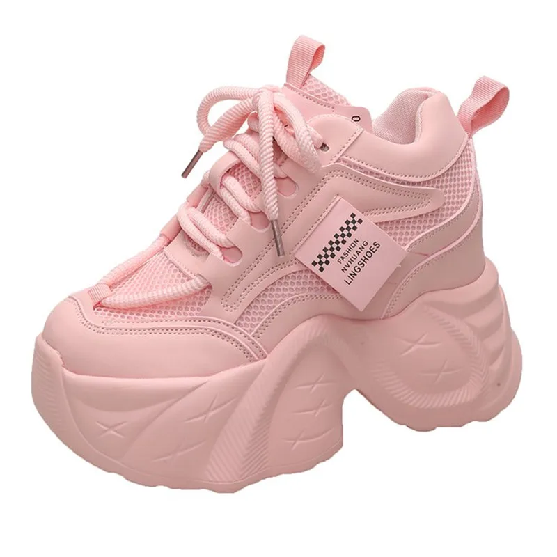 Neue Frauen Hohe Plattform Turnschuhe Sommer 11CM Keil Heels Dicke Sohle Leder Schuhe Herbst Atmungsaktive Mesh Chunky Turnschuhe Frau
