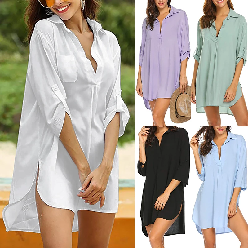 Damen Badeanzug Cover Up Shirt Strand Tunika Top Mode Bikini Cover Ups Langarm Minikleid Sommer Beachwear Bademode Tops Image