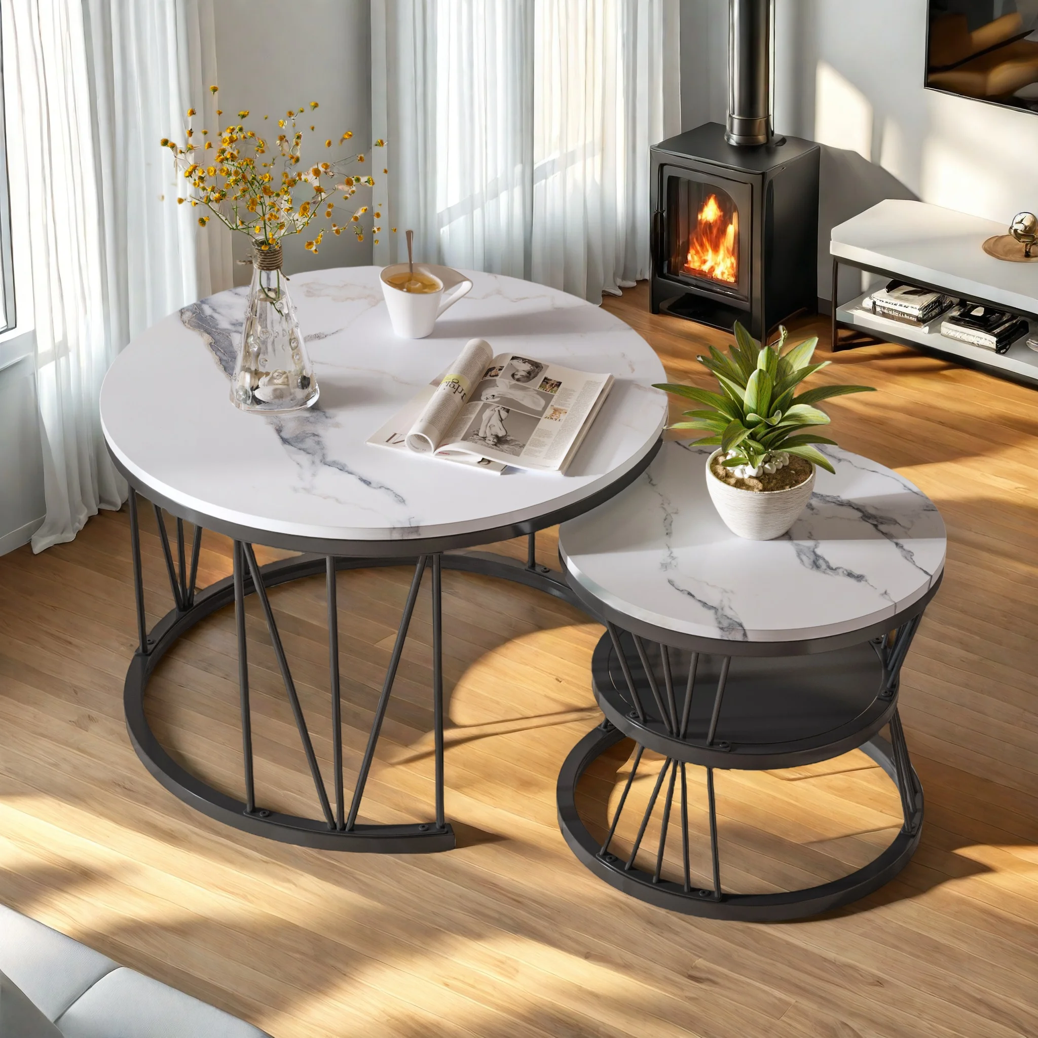 Anajqaqia Couchtisch-Set, 2 Stück, runder Beistelltisch mit Marmorfurnier, Metallrahmen, V-förmiger Stützrahmen, Sofatisch für Wohnzimmer