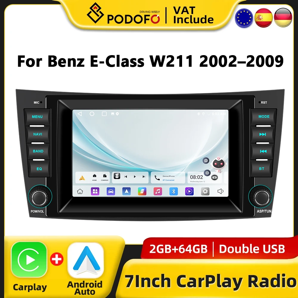 Podofo 7" CarPlay Android Radio For Benz E-Class W211 W219 2002-2009 Car Intelligent System 2din GPS Stereo Multimedia Player Image