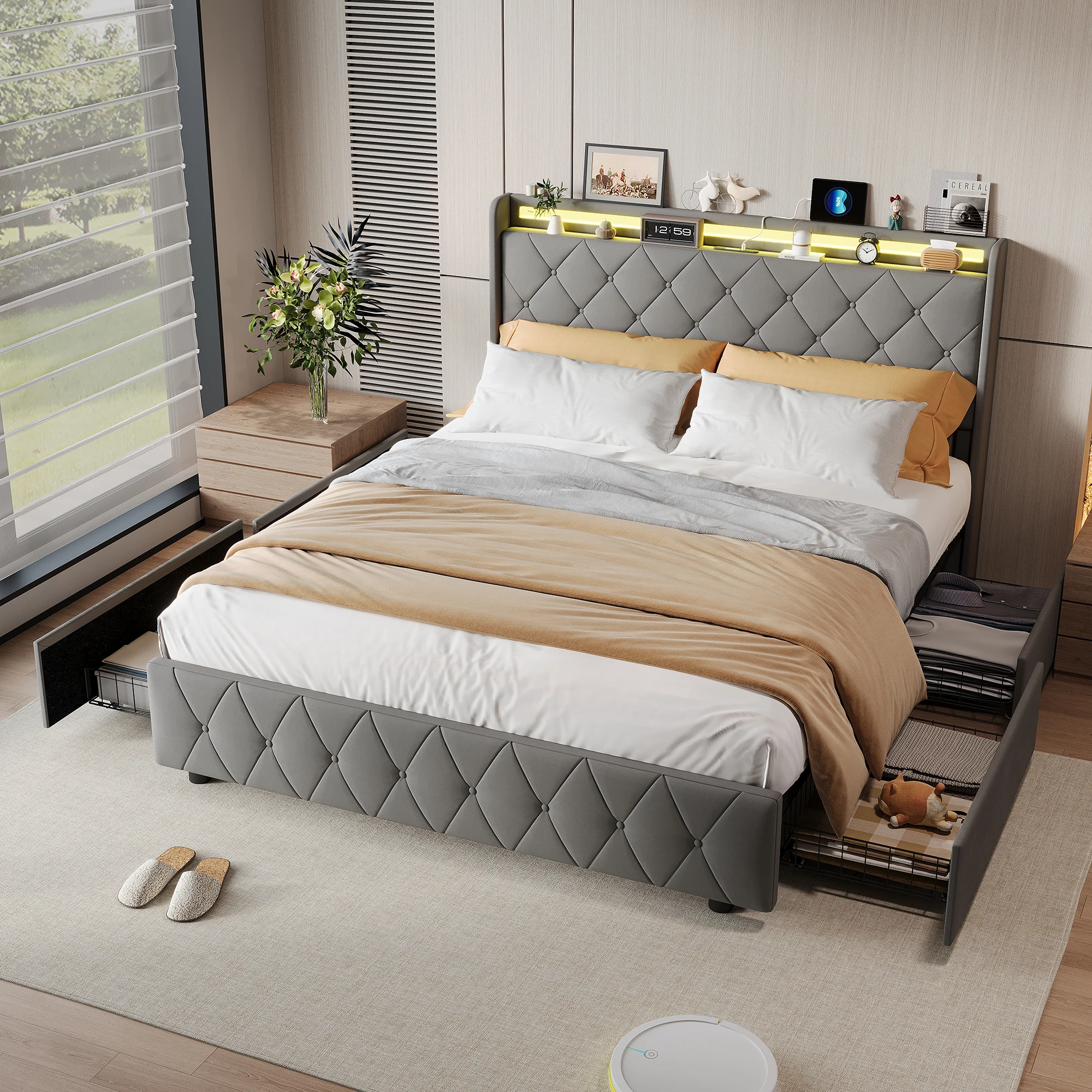 Rosahqnda Polsterbett 140/160 x 200 cm, Bett mit Stauraum und 4 Schubladen, Doppelbett mit LED und USB, kontinentales Bett, Flanell Image