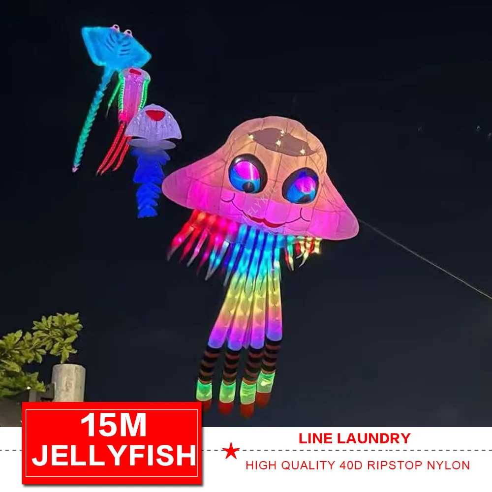 HFLY Neuankömmling Große 10/15 m LED-Quallen-Drachenlinie Laund für Erwachsene Hochwertige Ripstop-Nylon-Tier-Show-Drachen mit Lichtern Image