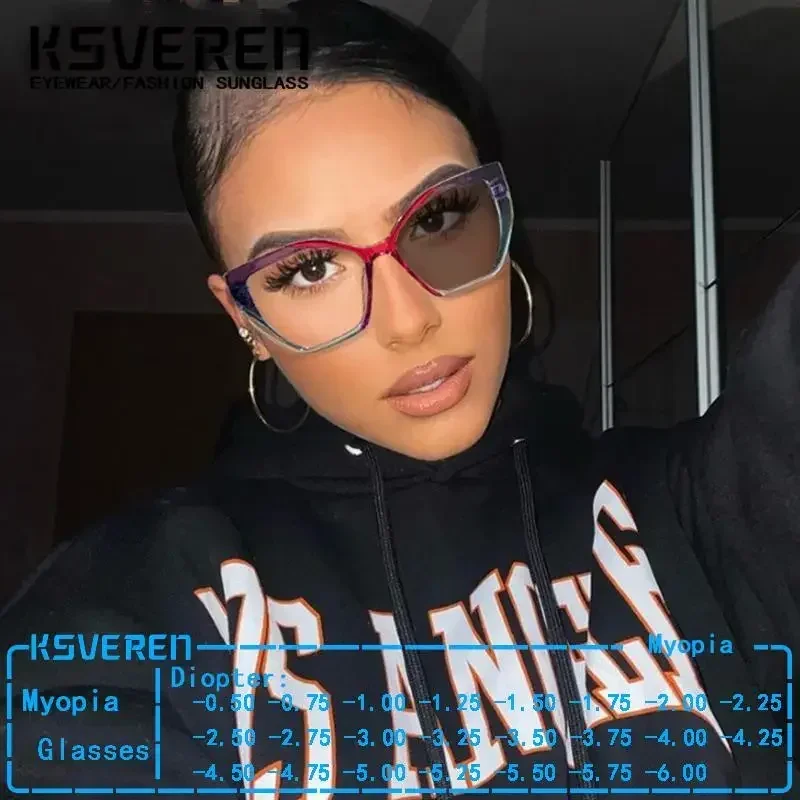 Neue Photochrome Myopiebrille mit großem Rahmen für Damen, Katzenauge, Frühlingsbein, kurzsichtige Brillen mit Dioptrien -0,75 -1,25 -4,5 -5,5 Image