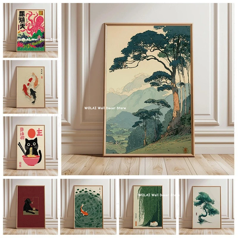 Retro japanischer Wald- und Koi-Fisch, Zen-Wassergemälde, Leinwand-Poster, abstrakte Sonnenwellen, Wandkunstdruck für friedliche Heimdekoration