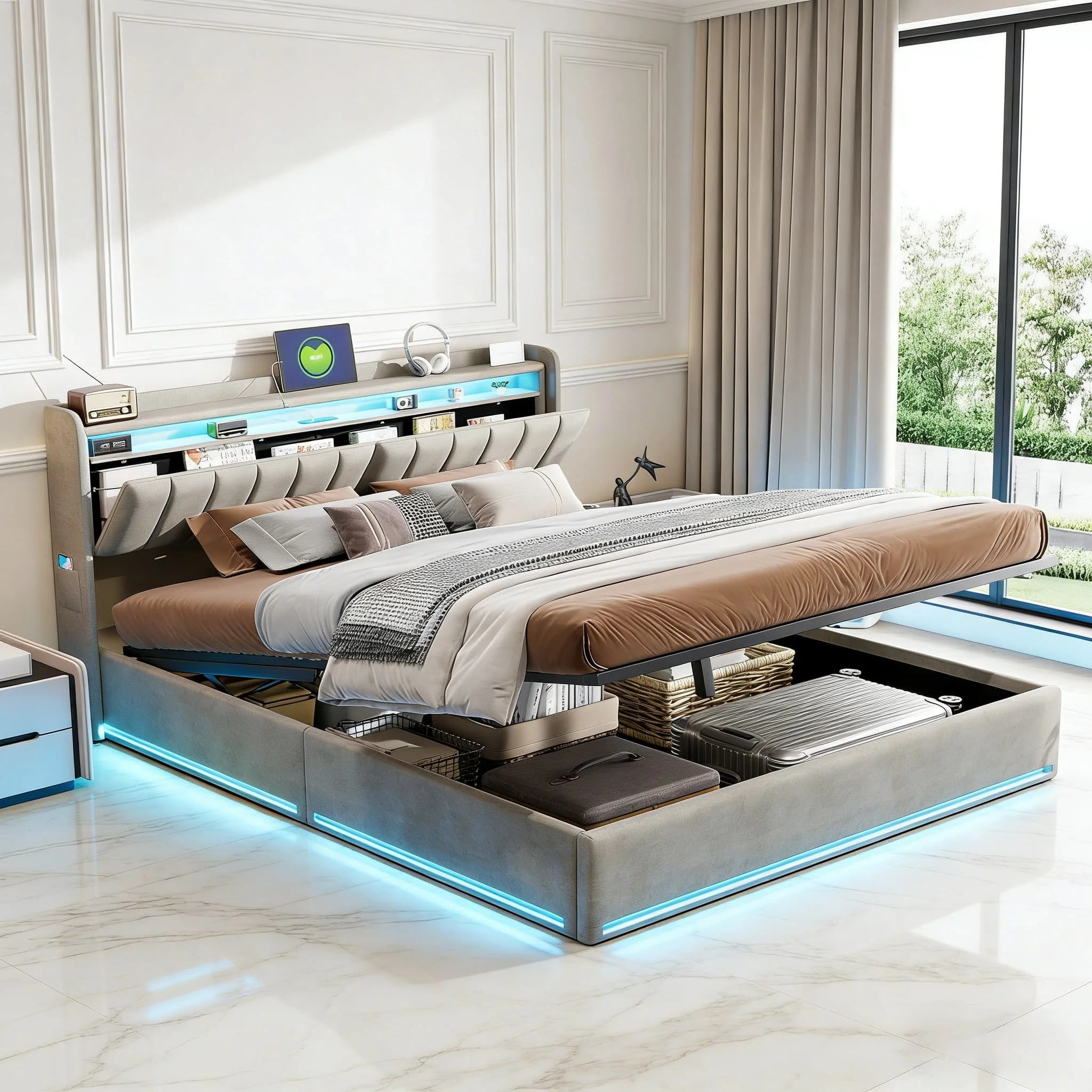 MGMYM Betttruhe 140x200 x/160x cm grauer Samt LED RGB, Bettkopfteil mit Stauraum und USB-C-Anschlüssen, Erwachsenenbett