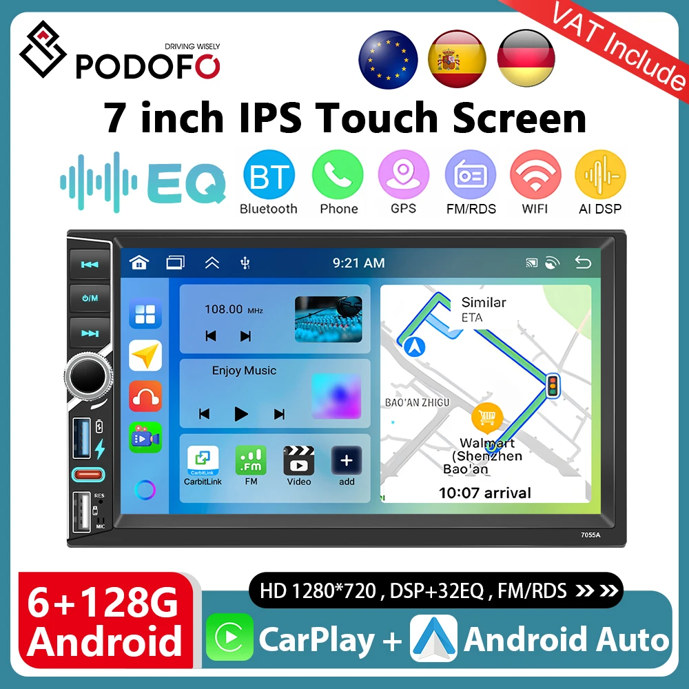 Podofo 7 2Din Universal Auto Radio CarPlay Android Auto Multimedia Player GPS Stereo 4G WIFI Autoradio 2 din Intelligente System Image