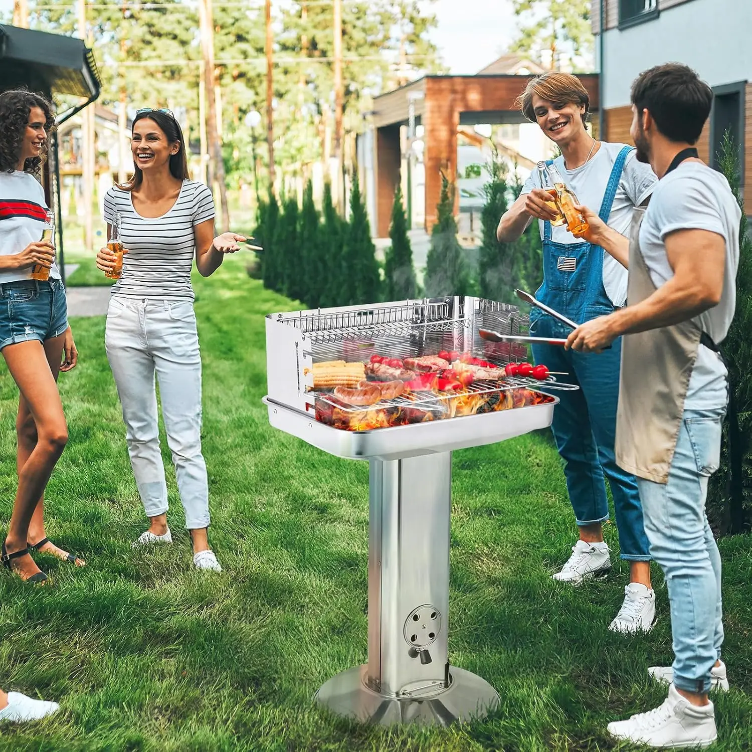 Holzkohlegrill aus Edelstahl, Säulengrill, Grill für Camping, Strand, Garten, Party, mit höhenverstellbarem 5-Wege-Grillrost Image