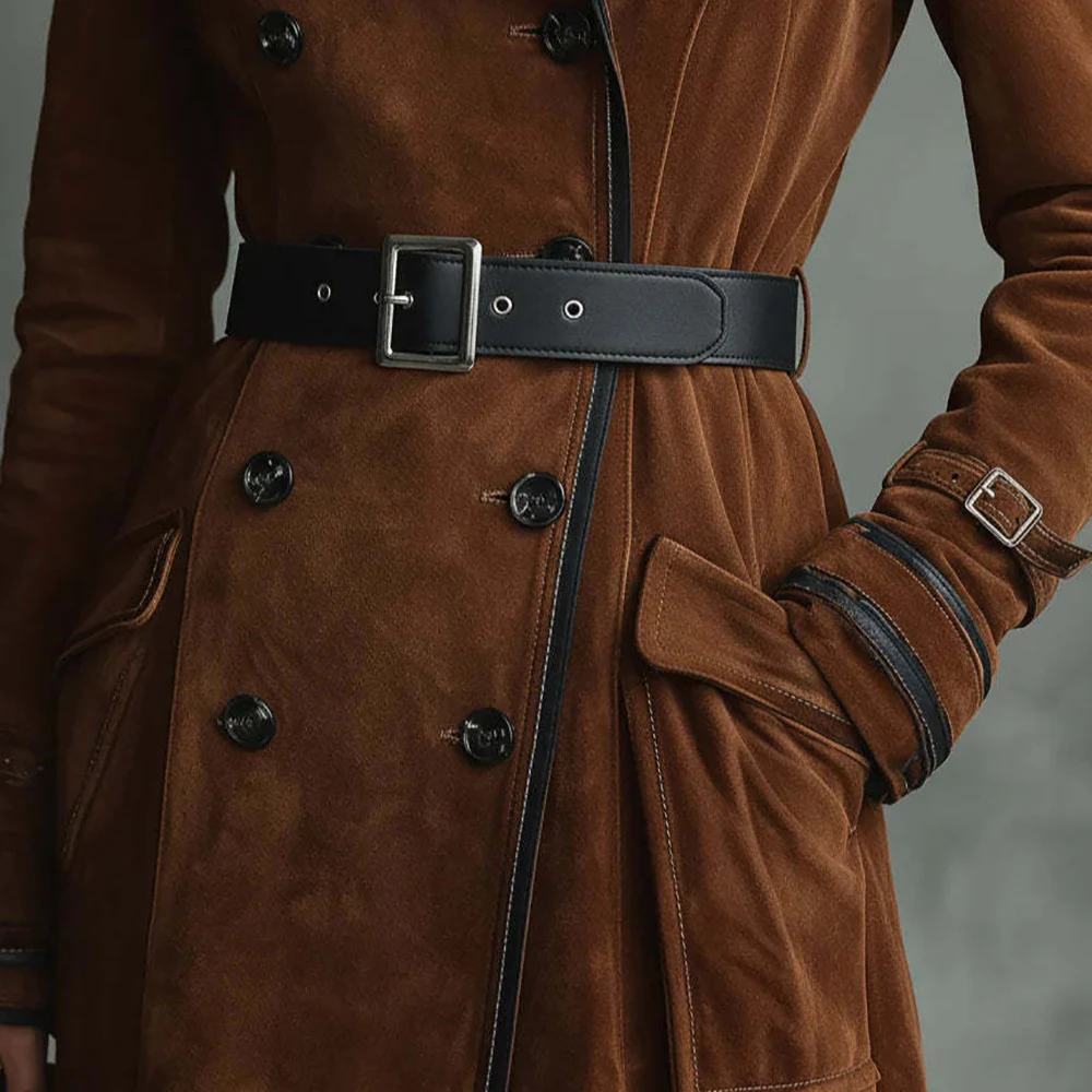Elegante Western-Wildleder-Vintage-Damen-Oberbekleidung, braun, zweireihig, für den Winter, warm, langer Trenchcoat, modisches Revers, gh-Straßenkleider