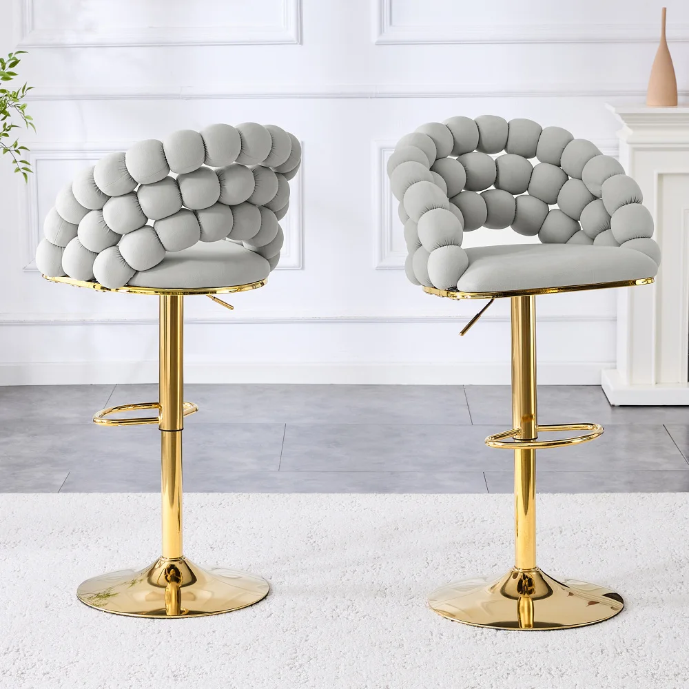 Stilvoller Barhocker aus hellem Samt, 2er-Set – vergoldeter, verstellbarer Sockel mit Kugelkette hinten, ideal für die Bar zu Hause in der Küche Image