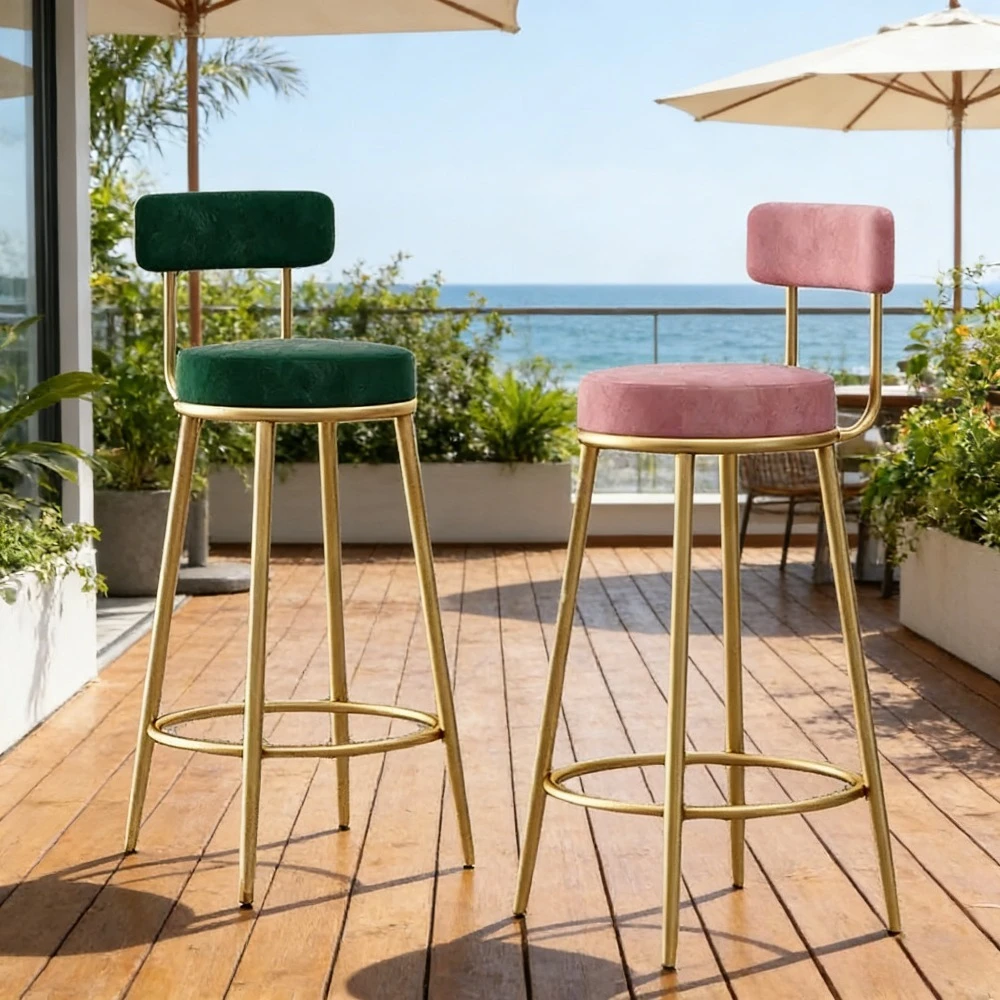 Nordische Moderne Barhocker mit Rückenlehne, Eisenkunst-Samt-Küchenhocker, Höhenverstellbarer Café-Barstuhl, Heim-Arbeitshocker Image