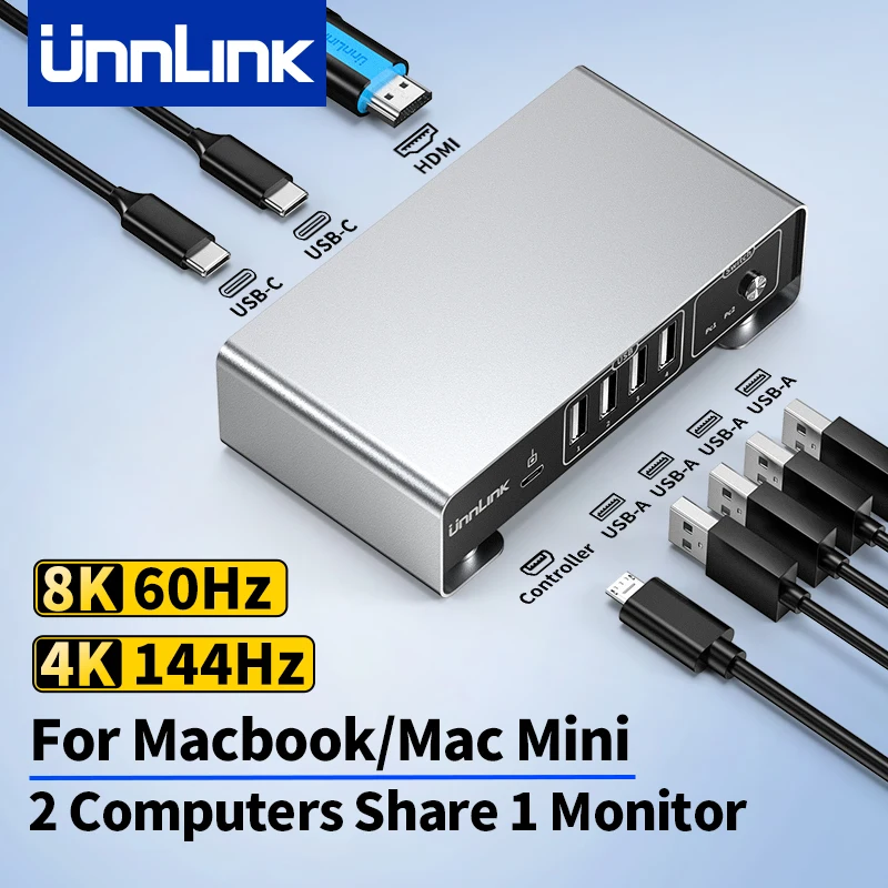 Unnlink USB-C KVM-Switch für MacBook Mac Mini zum Teilen von Monitor, Maus und Tastatur, 4K@144Hz/120Hz Thunderbolt zu HDMI KVM-Switch 2-Port Image