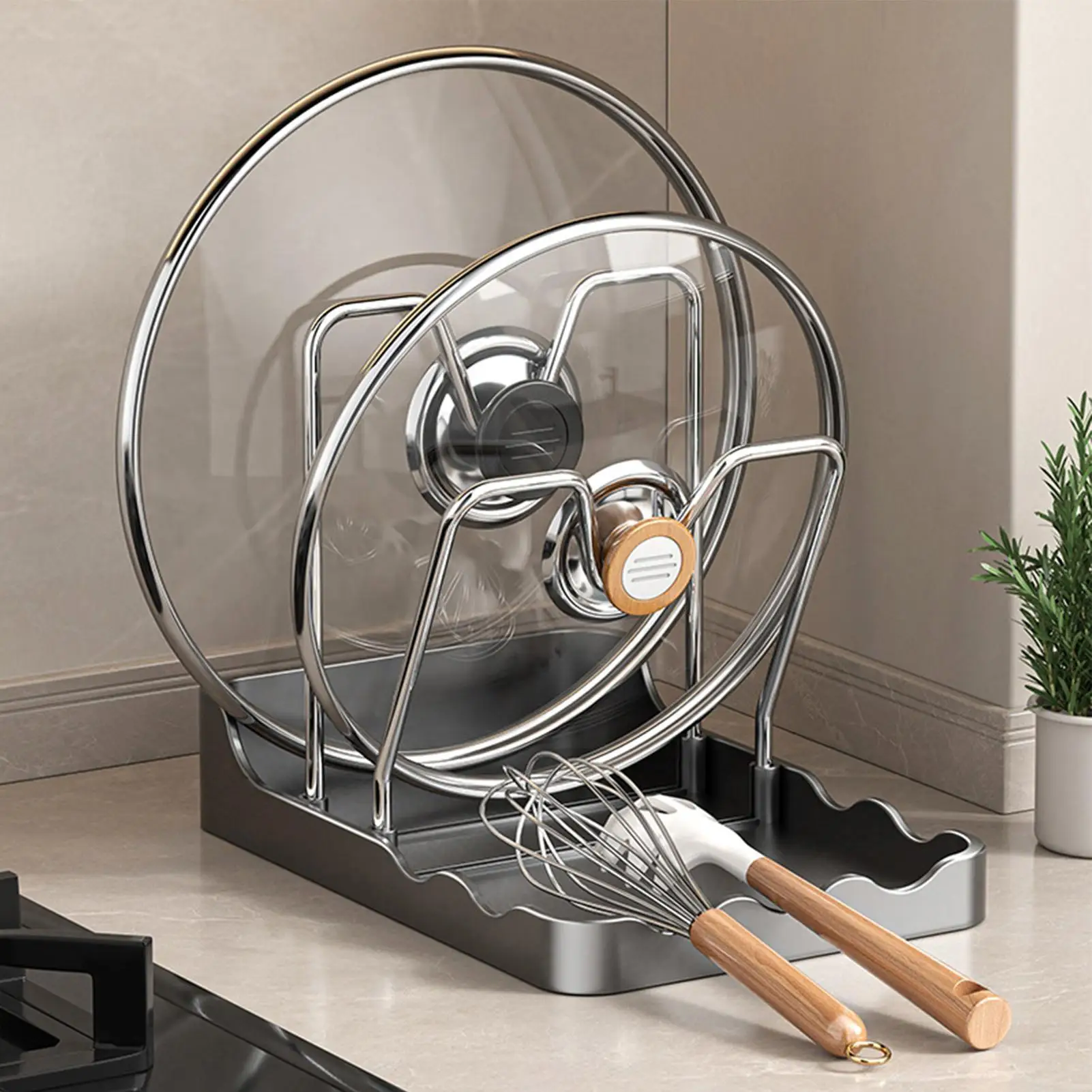 Topfdeckel-Organizer Vertikaler Löffelhalter mit Abtropfschale Edelstahl-Topfdeckel-Aufbewahrungsregal für Küche Backen Kochen Vorratskammer Image
