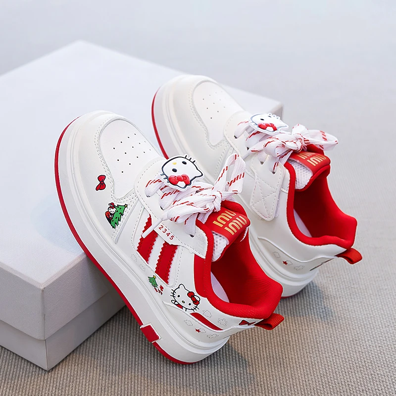 Kinder-Freizeitschuhe ​ Turnschuhe aus PU-Leder, Hello Kitty, Frühlingsschuhe für Mädchen, rutschfest, mit Klettverschluss, Rot, Größe 26–37