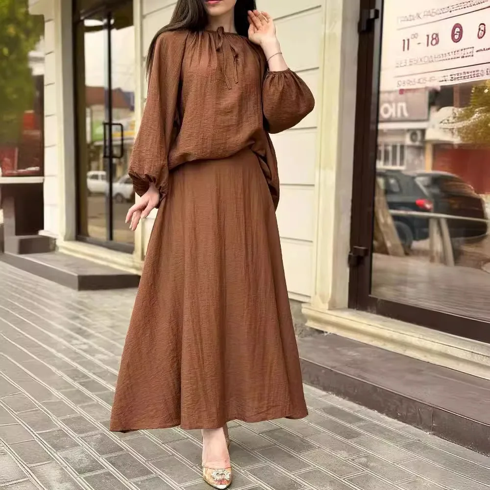 2026 Ramadan 2 stücke Muslimischen Sets Womem Feste Beiläufige Abaya Jilbab Lose Tops + Röcke Hijab Anzüge Eid 2 Stück kaftan Islam Kleidung Image