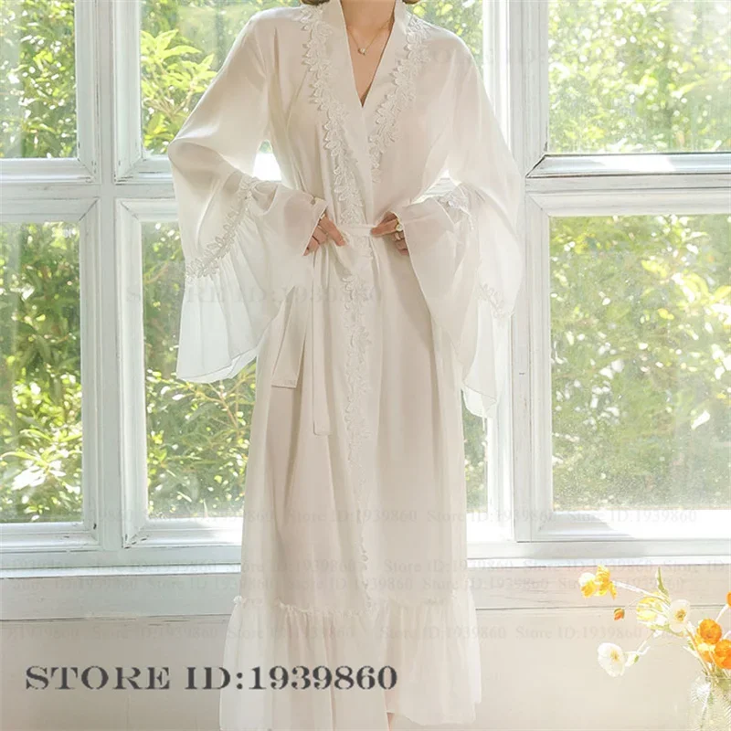 Sexy Braut-Hochzeitsrobe Elegantes Weißes Seiden-Satin-Kimono Bademantel Frühling Sommer Damen Nachtwäsche Nachthemd Lockerer Pyjama Image