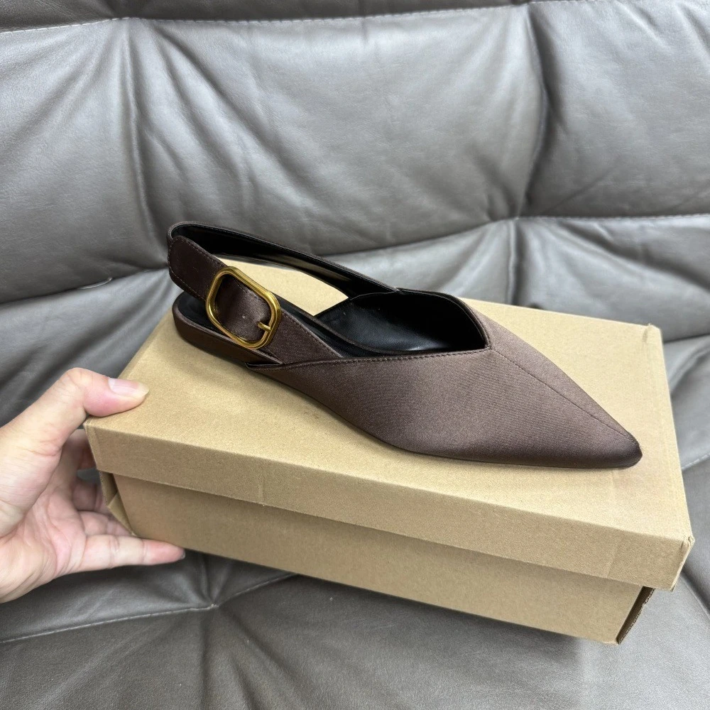 Women Slingback Flats Pointed Toe Low Heel Brown Satin Buckle Strap Slip On Dress Shoes Office Party Casual Comfortable 2026