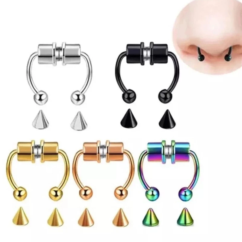 5 stücke Edelstahl Magnet gefälschte Nase Ring Reifen gefälschte Piercing Reifen Septum Ringe für Frauen Mode Gothic Rock Body Schmuck Geschenke Image